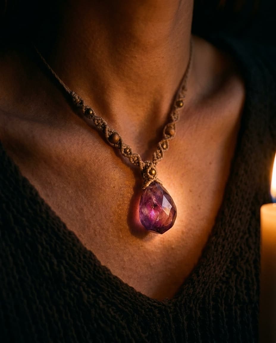 Makramee-Kette mit Amethyst, getragen