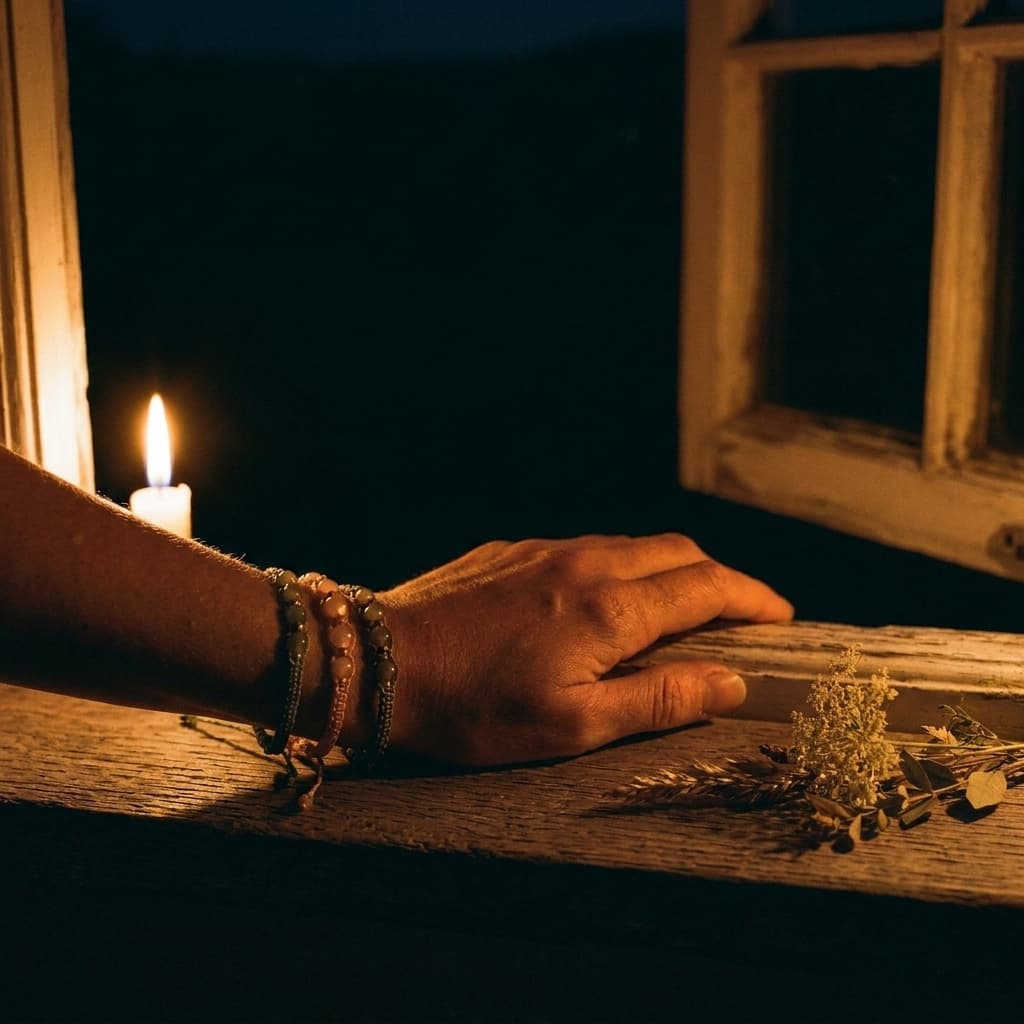 Hand mit gestapeltem Makramee-Schmuck im Kerzenlicht